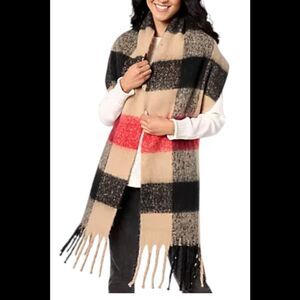 Sprigs Women's 93X14" Oversized Check Fringe Scarf Camel/Red